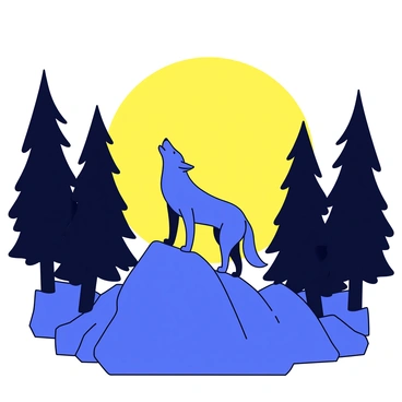A lone wolf stands on a rocky outcrop, its silhouette defined against a large, glowing full moon. The wolf's head is raised, howling into the night sky. Surrounding the wolf is a dense dark forest, with tall, shadowy trees that create a stark contrast with the brightness of the moon. The scene captures a sense of wilderness and solitude.