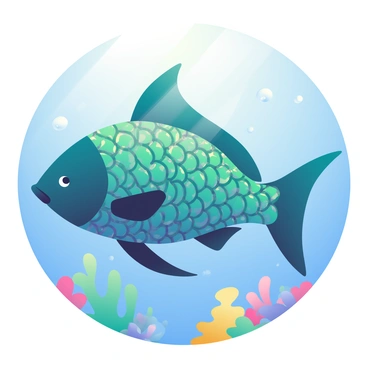 A large fish is swimming gracefully through clear blue water. Its body is covered in iridescent scales that are arranged in a Fibonacci sequence pattern, creating an intricate design that catches the light. The scales transition from deep emerald green at the head to vibrant turquoise towards the tail. Sunlight filters through the water, casting shimmering reflections on the fish's body. Small bubbles rise from the fish's gills as it moves, and a variety of colorful coral and aquatic plants can be seen in the background.
