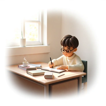 A young boy, wearing a cozy sweater and round glasses, is sitting at a vintage wooden desk. He is thoughtfully writing in an open journal with a pen in his hand. The desk is adorned with a steaming cup of tea placed on one side, and there are a few scattered books and notepads nearby. Sunlight streams through a nearby window, casting warm light across the scene, enhancing the tranquil atmosphere.