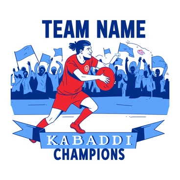A red kabaddi player is in mid-action, poised to perform a powerful raid. The player wears a vibrant jersey featuring the team's emblem. In the background, a blue crowd is cheering, waving flags that display the team's colors. Above the player, the words "TEAM NAME" are prominently displayed in bold, stylized letters. Along the bottom, there's a banner with "KABADDI CHAMPIONS" in striking typography. The overall composition captures the intensity and excitement of the kabaddi match.