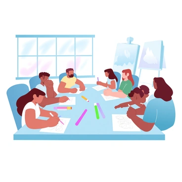 A group of students is sitting around a large table in an art class. Each student is holding a colored pencil and is focused on drawing on sheets of paper spread out in front of them. Some students have their brows furrowed in concentration while others are leaning slightly closer to their work. The classroom has large windows allowing gentle light to illuminate their creations. Various colored pencils in vibrant shades are scattered on the table, and a few sketches are already visible, showcasing a mix of styles and subjects. A large easel is positioned in the corner with a partially completed painting on it.