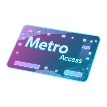 A metro card with a sleek, futuristic design. The card has a rectangular shape with rounded edges. It features vibrant holographic elements that shift colors as the angle changes. The surface of the card has intricate digital patterns etched into it, adding depth and complexity. Text on the card reads "Metro Access" in a modern font, with a glowing effect around the letters. The background has a subtle gradient, enhancing the overall high-tech appearance of the card.