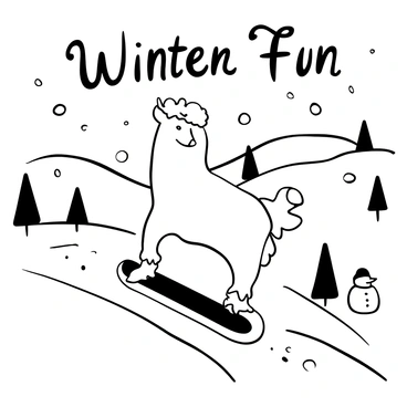 A llama with a fluffy coat is sledding down a snowy hill. The llama is positioned on a colorful sled, with its legs outstretched in excitement. Snowflakes are scattered around, and a trail of snow is being kicked up behind the sled. In the background, there are gently sloping hills covered in a thick layer of snow. There are several trees with snow-laden branches framing the scene, and a few small snowmen are positioned near the bottom of the hill. The words "Winter Fun" are displayed above the llama.
