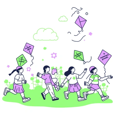 A group of children are playing in a vibrant garden filled with colorful flowers and lush green grass. Each child is holding a kite that is flying high in the clear sky. The kites are uniquely designed and prominently display different benefits of "Bajaj Allianz Life Insurance." One child, with braided hair, is laughing as they run with a bright kite that states a benefit related to "financial security." Another child, wearing a cap, controls a kite that emphasizes "family protection." Nearby, a girl with a ponytail proudly holds onto a kite labeled "investment growth," while a boy is pointing to his kite that illustrates "retirement planning." The overall ambiance of joy and playfulness fills the scene as the children run and chase their kites in the sunny garden.