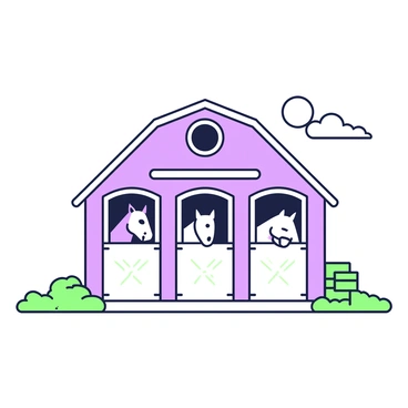 A peaceful barn scene is depicted, with a large wooden barn structure. The barn, composed of weathered wood, features multiple stable doors. Each door is partially open, revealing horses peeking out. The horses vary in breed, with some having smooth coats and others with flowing manes. In front of the barn, there is a small patch of grass, and a few hay bales are stacked neatly against the side. The sky overhead is clear, allowing sunlight to illuminate the scene.