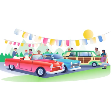 A line-up of classic vintage cars is parked under a bright sun at a car show. The scene features a shiny red convertible with a white interior, a blue coupe with chrome accents, and a green station wagon displaying wood-paneling details. Each car is polished to a high sheen, reflecting the sunlight. Spectators are admiring the vehicles, and colorful banners are hanging in the background. Lush green grass surrounds the parking area, creating a vibrant and lively atmosphere at the event.