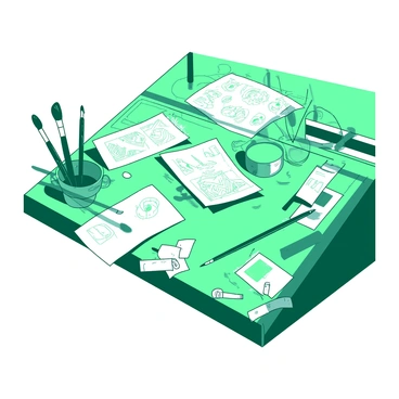 Tony Green's desk cluttered with sketches, brushes, and art supplies