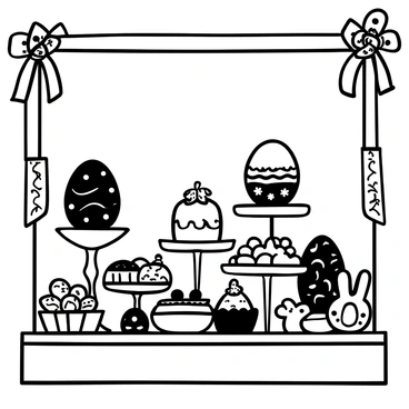 A bakery window display showcasing an assortment of "Easter-themed cakes and pastries." There are intricately decorated cakes shaped like "Easter eggs," adorned with delicate patterns and topped with small edible flowers. Beside them, various "pastries" are arranged on elegant stands, including "bunny-shaped cookies" and "carrot cakes" with detailed icing decorations. The window display is framed with "colorful ribbons" and "spring floral arrangements," enhancing the festive atmosphere. The entire scene is inviting and enticing, highlighting the seasonal treats prominently.
