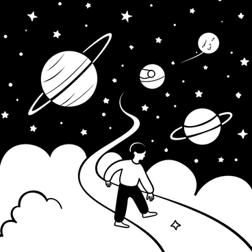 A person walking along a winding path made of stars, with constellations twinkling in the background. The figure is surrounded by swirling cosmic clouds and distant planets. Enormous celestial bodies float nearby, adding to the sense of depth and scale in the universe. The path of stars leads upward, creating a sense of movement and exploration.