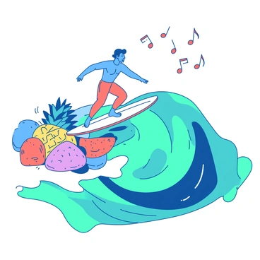 A blue surfer is skillfully riding a wave made of swirling teal waters. The wave is adorned with abstract shapes that resemble various vibrant fruits and candy, including pineapple, strawberry, and lemon, blending together to create a rich, colorful appearance. The surfer is wearing a bright orange wetsuit and is balancing expertly on a white surfboard. Above the wave, there are musical notes depicted in the air, representing the joy of sound accompanying the dynamic scene. The entire composition captures the exhilarating experience of surfing through a sea of flavors and melodies.