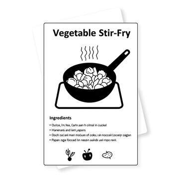 A recipe card displaying the wording "Vegetable Stir-Fry" at the top in a bold font. At the center, there is an illustration of a frying pan filled with assorted chopped vegetables including bell peppers, broccoli, carrots, and snap peas, all arranged in a dynamic way as if they are being sautéed. The frying pan is on a stove, with lines indicating heat rising. Below the frying pan, there is a list of ingredients and cooking instructions in a neat, organized format. Additionally, decorative elements like small illustrations of herbs and spices frame the edges of the card.