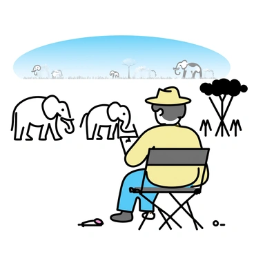 An artist, wearing a wide-brimmed hat and a light-colored shirt, is sitting on a folding chair with a sketchbook on his lap. He is focused on sketching a herd of elephants in the distance. The elephants are depicted in various poses, some standing while others are walking, showcasing their large ears and trunks. The background features sparse trees and tall grass typical of the African savannah under a clear blue sky. The artist is surrounded by a few art supplies, including pencils and an eraser, as he captures the elephants on paper.