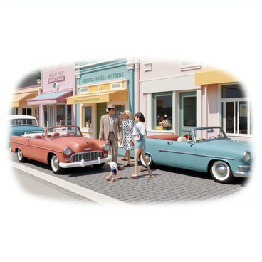 A bustling vintage street scene filled with classic cars, including a red convertible and a blue station wagon, parked along the cobblestone road. The sky is clear and bright, casting a warm glow over the scene. People are walking along the sidewalk, dressed in retro attire; a man in a brown fedora, a plaid suit, and brown shoes, is chatting with a woman wearing a polka dot dress and red heels, holding a vintage handbag. Children are playing near the curb, one wearing a white t-shirt and denim shorts, while another is dressed in a sailor suit. Colorful storefronts line the street, each showcasing period-style signage. 