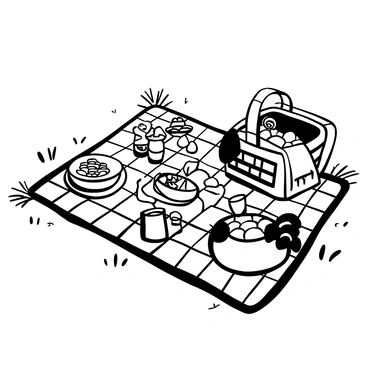 A checkered blanket laid out on the grass, featuring an assortment of freshly prepared sandwiches arranged neatly. Next to the sandwiches, there are various fruits like apples, grapes, and strawberries placed in small bowls. Several glasses filled with drinks are positioned around the spread, with a pitcher of lemonade sitting nearby. A wicker basket is partially open, revealing more snacks and a cloth napkin that spills slightly out. A gentle breeze rustles the edges of the blanket, creating a serene, inviting atmosphere.