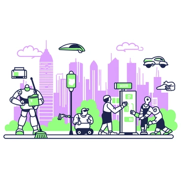 A futuristic cityscape stretches across the horizon, showcasing tall, sleek buildings with innovative architectural designs. On the streets, multiple robots are engaged in various tasks. One robot is sweeping the sidewalk, with a small dustbin attached to its back, while another robot is delivering packages, carrying them on a platform. Nearby, a robot is assisting an elderly person with navigation, gesturing towards a digital map display. Pedestrians are interacting with kiosks that have touch screens, surrounded by greenery integrated into the urban environment. Above, drones are flying, monitoring the city and delivering goods. Lively neon signs adorn the buildings, while vehicles hover above the ground.