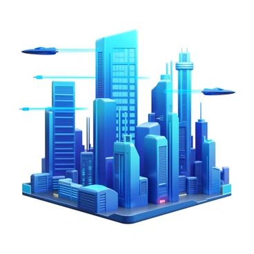 A futuristic cityscape featuring high-tech buildings with sleek designs and neon lights. The skyline is filled with towering skyscrapers, each adorned with reflective glass and unique architectural features. Flying cars zip through the air, leaving trails of light as they navigate between the buildings. The scene occupies a 30x20 board, showcasing a vibrant urban environment with a clear blue sky above.