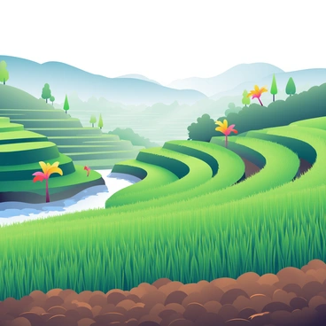 Lush green rice terraces cascade down a hillside, forming a series of gently curving layers. The terraces are filled with water that reflects the soft light of the early morning, creating a shimmering effect. A blanket of mist hovers over the landscape, partially obscuring the distant hills and enhancing the sense of depth. Clusters of tropical trees with broad leaves are scattered throughout the terraces, adding vibrant splashes of color. In the foreground, the rich texture of the soil can be seen, contrasting with the bright green of the rice plants. The scene conveys the tranquil beauty of a rural landscape.