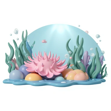 A bright pink anemone with textured tentacles is situated at the center of a vibrant underwater scene. The anemone's tentacles are gently swaying in the water current. Surrounding it, various shades of green seaweed are waving gracefully, creating movement throughout the ecosystem. Small fish can be seen darting in and out among the seaweed, while colorful coral formations provide a contrasting backdrop. Sunlight filters down from the surface, illuminating the scene and enhancing the colors of the marine life.