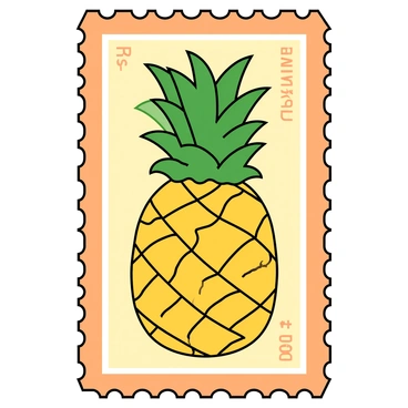 A vintage style postage stamp featuring an artistic depiction of a pineapple