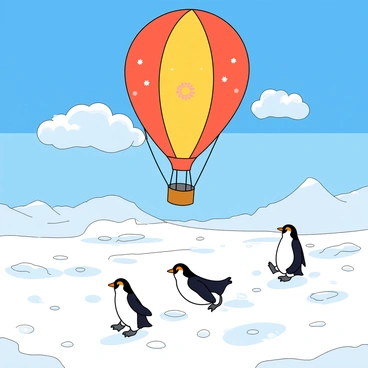 A colorful gas balloon with a round, vibrant body and a patterned design floats gently in the air above a vast, icy polar landscape. Below, the ground is covered with thick, sparkling white snow and scattered patches of ice. A group of cheerful penguins, with their black and white feathers, waddle across the snow, some sliding on their bellies. The sky above is a brilliant blue, dotted with fluffy white clouds. The scene is lively and playful, capturing the whimsical interaction between the balloon and the penguins below.