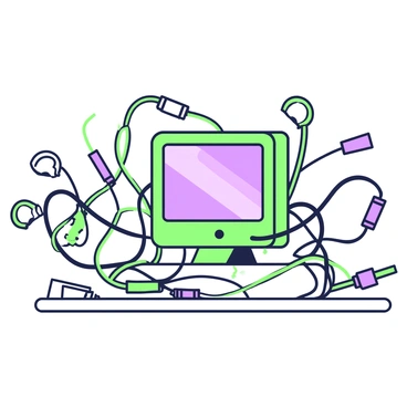 A chaotic arrangement of computer cables and wires sprawls across a surface, forming a complex knot. The cables vary in thickness and length, intertwining in multiple directions, creating a visual sense of disorder. Some wires have connectors at the ends, while others are bare, adding to the haphazard appearance. In the center of this tangle, a digital display screen is partially visible, its surface reflecting the surrounding chaos. The overall composition emphasizes the complexity and confusion of the entangled wires, suggesting a state of a digital deadlock.