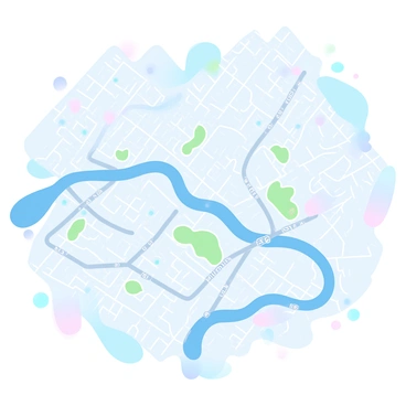 A detailed city map displaying a complex network of roads. The roads are shown in various widths and colors, indicating different types of streets. A series of railways are interwoven throughout the map, marked with distinct lines and symbols. Flowing through the city are several waterways, illustrated with blue lines representing rivers and canals. Various landmarks such as parks, buildings, and bridges are represented with icons across the map. Each area is color-coded to signify different neighborhoods, creating a vibrant and intricate layout.