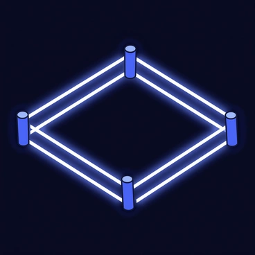 A boxing ring with a square shape is positioned in the center of the image. The ring has bright white ropes that are perfectly straight and taut. The soft glow emanates from the ropes, creating a gentle illumination that contrasts with the surrounding blackness. The canvas of the ring is a solid color, enhancing the focus on the glowing ropes. The overall atmosphere is striking due to the interplay of light and dark.