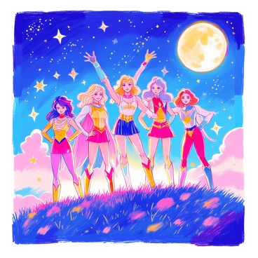 The Star Guardian team is posing heroically in a dynamic stance. Each member is wearing a unique, colorful uniform decorated with celestial motifs. Their expressions reflect determination and camaraderie. Above them, the sky is filled with shimmering stars and a radiant full moon. The team stands on a grassy hill, with light from the stars illuminating their figures. Surrounding them are ethereal sparkles and wisps of light, adding to the magical atmosphere.