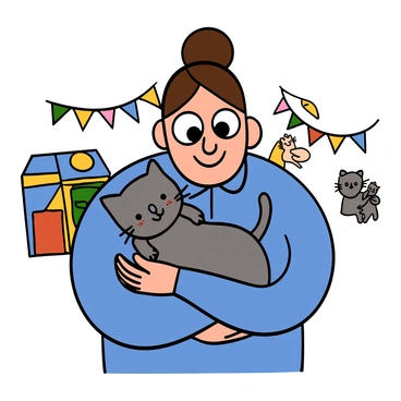 Close-up of a light-skinned woman with big eyes and brown hair, wearing a blue volunteer shirt, smiling as she hugs a small, fluffy gray kitten with white paws. The kitten has big eyes and is nestled comfortably in her arms, looking content. The background shows colorful animal shelter decorations and a few other kittens playing in the distance. The scene conveys a sense of warmth and care for the rescued animals.