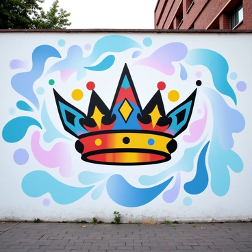 A large mural covers the wall of a city street, showcasing a "crown" at its center. The crown is illustrated with "bold colors" like deep blues, vibrant reds, and bright yellows, creating a striking focal point. Surrounding the crown are "abstract designs" that incorporate geometric shapes and swirling patterns, enhancing the overall composition. The background features a mix of "gradient pastel colors" that transition smoothly, providing a visually appealing contrast to the crown and the intricate designs. The scene captures the dynamic essence of street art, inviting viewers to appreciate its creative expression.
