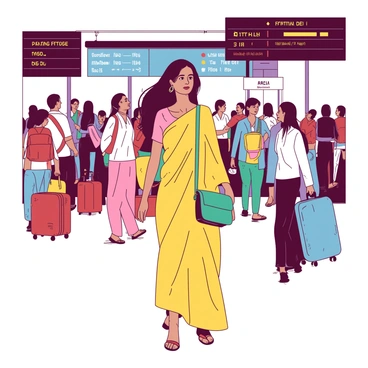 An Indian woman wearing a vibrant yellow salwar kameez is walking through a busy railway station. She has long black hair flowing down her back, and she carries a small teal handbag slung over her shoulder. Surrounding her, a diverse crowd of travelers moves in various directions, some with luggage and others checking schedules. The station is filled with the hustle and bustle of people, with a backdrop of large digital display boards showing train arrivals and departures. The atmosphere is lively with the sounds of announcements and chatter filling the air.