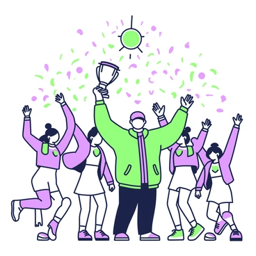 A coach is lifting a championship trophy high above their head in victory. The coach is wearing a team outfit, which includes a jacket and a cap, with a proud expression on their face. Surrounding the coach, the team members are celebrating with joyful expressions on their faces. Some team members are jumping in excitement, while others are clapping and cheering. In the background, there are banners and confetti falling from above, adding to the celebratory atmosphere. The scene captures the essence of achievement and teamwork.