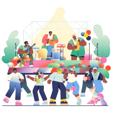 A lively outdoor concert is taking place to celebrate Juneteenth. On stage, a diverse group of musicians is performing, showcasing a variety of instruments including a guitar, a saxophone, and a drum set. The musicians have expressions of joy and passion as they play. In front of the stage, a crowd of enthusiastic attendees is dancing and enjoying the music, with some holding colorful flags and banners. The setting is filled with vibrant decorations, including balloons in red, black, and green, symbolizing the celebration. Bright sunlight shines down on the scene, illuminating the excitement in the air. Trees can be seen in the background, adding to the festive atmosphere of the event.