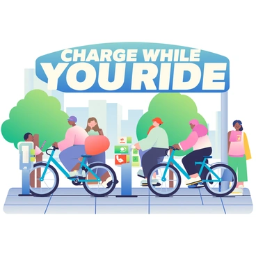 A public bicycle power station is set up in a bustling urban area. The station features several bright blue bicycles equipped with adjustable seats and handlebars. Each bicycle is connected to a charging station with multiple ports for various devices. Commuters are pedaling on the bicycles, and their devices are plugged into the charging ports, displaying charging icons. Nearby, there are green trees providing shade, and a few people are waiting for their turn to use the bicycles. The ground is paved with gray tiles, and there is a large sign above the station that reads "Charge While You Ride" in bold, white letters.