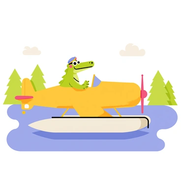 A crocodile wearing a pilot's cap and goggles is sitting in the cockpit of a seaplane. The seaplane has a bright yellow body and large, floating pontoons. Below, a calm waterway reflects the blue sky, with gentle ripples indicating the plane's approach. The crocodile has a focused expression, steering the plane towards a clear landing area. In the background, green trees line the banks of the waterway, and a few fluffy white clouds are scattered across the sky.