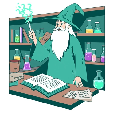 A teal wise old wizard with a long white beard is standing at a wooden table in a room filled with colorful glass potions and ancient books. The wizard is wearing a flowing robe adorned with mystical symbols and is holding a white wand, raising it to cast a spell. Brightly colored potions of various shapes and sizes are arranged on shelves in the background, while an open book, covered with arcane text, lies on the table. A soft glow emanates from the tip of the wand as magical symbols swirl in the air around him.