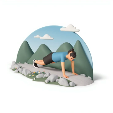 A person, wearing a blue tank top and black shorts, is performing pike push-ups on a rocky mountain trail. Their arms are extended, and their body is forming an inverted V shape as they push themselves up. The background features a scenic view of green mountains and a clear blue sky with a few fluffy white clouds. There are patches of wildflowers along the trail, adding splashes of color to the rocky ground. The sunlight casts soft shadows, highlighting the person's focused expression and muscular build as they engage in their workout.