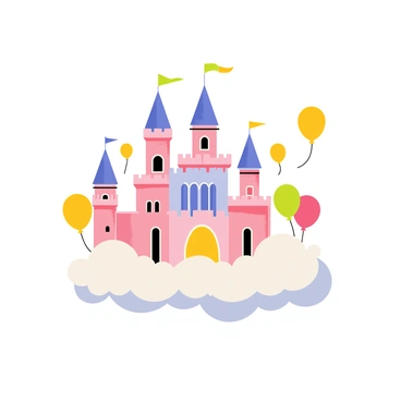 A large, fantastical castle with multiple towers and colorful flags sits majestically atop a fluffy, white cloud. The castle's walls are a mix of pastel pink and blue, with intricate details on the windows and balconies. Surrounding the castle are bright, cheerful balloons of various shapes and colors, including red, yellow, and green, gently bobbing in the air. The cloud appears soft and billowy, contrasting with the vibrant colors of the balloons, creating a whimsical and enchanting atmosphere.