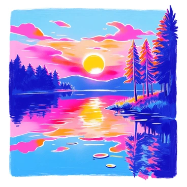 A "fireball-like sun" is setting above a "calm lake." The "sun" is surrounded by vibrant orange and red hues that blend together in the sky. The "lake" mirrors these colors, creating a stunning reflection on the water's surface. Silhouettes of trees line the shore, adding depth to the scene. A few small ripples disrupt the lake's surface, catching the light from the setting sun.