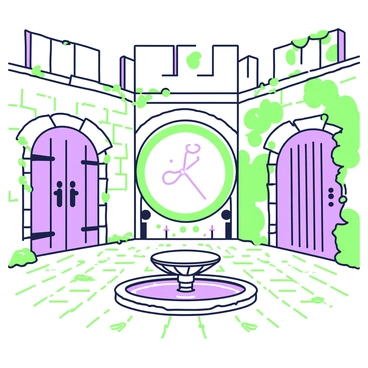 A time portal is appearing in the center of a historic castle's courtyard. The courtyard is surrounded by tall stone walls with ivy climbing up the sides. On the left, there are ancient wooden doors leading into the castle. The ground is made of cobblestones, and in the foreground, a stone fountain with flowing water is present. The intricately designed portal is glowing with a soft light, creating an intriguing contrast against the aged stones of the castle. Scattered around are a few fallen leaves, hinting at the passage of time.