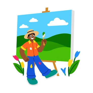A cartoon character resembling "Vadivelu" is standing in front of a large canvas, holding a paintbrush in one hand. The character has a big smile and is wearing a colorful shirt and a hat. The canvas displays a vibrant landscape filled with rolling green hills and a bright blue sky scattered with fluffy white clouds. The foreground features blooming flowers in various colors, including red, yellow, and blue. The character has splashes of paint on their clothes, indicating a creative and playful atmosphere.
