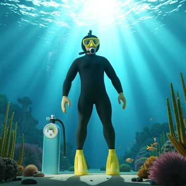 An underwater scene featuring a diver in a black wetsuit with a bright yellow snorkel and fins. The diver is positioned at an angle, facing downward, with bubbles rising around them. Next to the diver is a transparent scuba tank, showing the decreasing air volume represented by the colored indicator on the gauge, shifting from green to yellow. The background consists of various aquatic plants swaying gently with the water currents, while schools of small fish swim nearby. Sunlight filters through the surface of the water, casting dappled light patterns on the ocean floor.