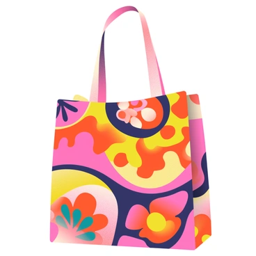 A tote bag is displayed prominently in the center of the image. The bag features a vibrant 1970s-inspired design with swirling psychedelic patterns in bold colors such as orange, bright pink, yellow, and deep purple. The patterns include abstract shapes, floral elements, and wavy lines that evoke a sense of movement. The tote bag is made from a textured fabric, and it has two sturdy handles for carrying. The background is softly blurred, emphasizing the bag's striking design and colors.
