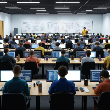 A large room filled with numerous developers, all engaged in a hackathon. Each developer is seated at individual desks, surrounded by computers displaying lines of code and various programming interfaces. The atmosphere is busy and focused, with some developers wearing headphones, and others discussing ideas with their teammates. Bright overhead lights illuminate the room, highlighting a variety of tech gadgets and energy drink cans scattered across the desks. A whiteboard in the background is filled with handwritten notes and diagrams related to ongoing projects. The developers have diverse appearances, showcasing a mix of genders, ethnicities, and styles, emphasizing a collaborative and innovative environment.