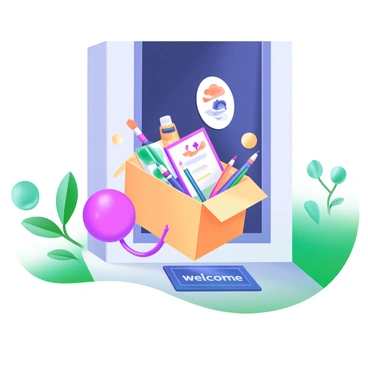 A scene featuring a doorstep with a colorful package resting on it. The package is open, revealing a variety of art supplies spilling out, including tubes of paint, brushes, sketch pads, and colorful pencils. Nestled among the supplies are several illustrated prompts with vibrant designs, showcasing various creative themes. Lush greenery frames the doorstep, adding to the inviting atmosphere. A welcome mat is placed in front of the door, completing the scene.