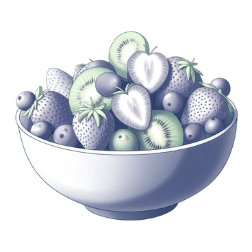 A bowl made of ceramic sits on a wooden table. The bowl is filled with a variety of freshly cut fruits. There are several strawberries, halved and glistening with juice, alongside slices of vibrant green kiwi. Plump blueberries are scattered throughout the arrangement, creating a visually appealing assortment. The fruits are arranged in an orderly fashion, showcasing their textures and shapes. The natural light casts soft shadows, enhancing the details of the fruits within the bowl.