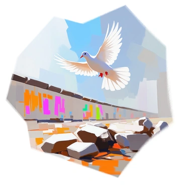 A white dove with outstretched wings is soaring gracefully above the Berlin Wall, its feathers glistening in the sunlight. The wall is a stark representation of history, covered in graffiti and differing textures, extending into the distance. The atmosphere conveys a sense of hope and peace, with the dove as a prominent symbol of these ideals. Below, fragments of the wall are visible, showcasing the contrast between the harshness of the structure and the gentleness of the flying dove. The sky above is bright and clear, enhancing the feeling of freedom as the dove moves through the air.