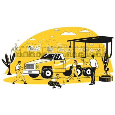 A race truck with distinctive markings is parked at a pit stop, surrounded by a team of crew members in action. The truck has prominent sponsor logos on its sides. Several crew members are working quickly, with one person changing the tires, another refueling the truck, while a third is checking the engine components. Tools and spare tires are scattered around the pit area, and there are bright lights illuminating the scene. The background features the racing track and a crowd of spectators eagerly watching the event.