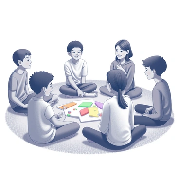 A diverse group of children sitting in a circle on the ground. Each child has a unique hairstyle and clothing style, reflecting their individuality. They are engaged in lively conversation, with some children smiling and others animatedly expressing their ideas. In the center of the circle, there are various colorful objects like books and toys that enhance the atmosphere of creativity. The background shows a grassy area, suggesting an outdoor setting where the group is participating in a fun activity together.