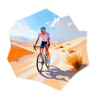 A lone cyclist with a helmet and sunglasses is riding a sleek road bike along a winding path in a vast desert landscape. The cyclist has a determined expression as they pedal forward, with their athletic gear and streamlined bike contrasting against the sandy tones of the environment. Surrounding the path is a dramatic expanse of golden sand dunes, dotted with scattered patches of dry grass. In the background, a clear blue sky stretches overhead, with a few wispy clouds adding to the sense of openness in the scene. The sunlight casts long shadows across the ground, emphasizing the curvature of the dunes and the cyclist's path.